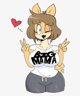 anthro big_breasts bottomwear breasts brown_hair clothing collarbone eyebrow_through_hair eyebrows eyelashes female fur gesture grey_bottomwear grey_clothing grey_pants grey_sweatpants hair hand_gesture heart_symbol looking_at_viewer one_eye_closed open_mouth open_smile pants shirt simple_background smile solo sweatpants t-shirt tail tan_body tan_fur text text_on_clothing text_on_t-shirt text_on_topwear topwear translucent translucent_hair v_sign white_background white_clothing white_shirt white_t-shirt white_topwear wink winking_at_viewer majuv june_(jinu) canid canine canis domestic_dog mammal shiba_inu spitz 2019 5:6 absurd_res digital_drawing_(artwork) digital_media_(artwork) english_description english_text hi_res portrait three-quarter_portrait