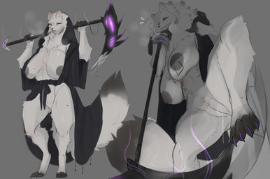 anthro big_breasts biped black_body black_fur black_nipples blep bodily_fluids breasts female fur genital_fluids genitals grey_background grin holding_melee_weapon holding_object holding_polearm holding_scythe holding_weapon hood low-angle_view melee_weapon nipple_piercing nipples piercing polearm quadrilateral_nipple_piercing scythe sharp_teeth simple_background smile solo teeth tongue tongue_out vaginal_fluids vulva weapon white_body white_fur lvlirror canid canine fox mammal 2023 absurd_res digital_media_(artwork) hi_res