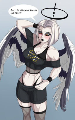 abs blush clothing female fishnet_clothing halo muscular muscular_female not_furry pale_skin simple_background solo white_background wings yellow_eyes tacticoolmofo hazbin_hotel hellaverse exorcist_(hazbin_hotel) lute_(hazbin_hotel) angel human humanoid mammal absurd_res hi_res