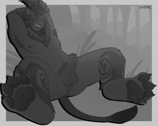 4_toes anus balls barbell_piercing erection feet foot_focus foreskin genitals male nipple_barbell nipple_piercing nipples nude pawpads paws penis piercing simple_background smile solo tail tail_tuft toes tuft silveredge final_fantasy final_fantasy_xiv square_enix felid hrothgar mammal absurd_res greyscale hi_res monochrome
