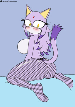 anthro barefoot big_breasts big_butt blush blush_lines breasts butt clothing countershading dipstick_tail featureless_breasts featureless_feet feet female fishnet_clothing fishnet_legwear forehead_gem fur gem glistening glistening_eyes hair highlights_(coloring) kneeling legwear long_hair long_tail looking_at_viewer looking_back looking_back_at_viewer markings mouthless purple_body purple_ears purple_fur purple_hair purple_tail rear_view red_gem sitting tail tail_markings tan_inner_ear tattoo thick_thighs tramp_stamp white_body white_countershading white_fur yellow_eyes flashpointgear eggman_logo sega sonic_the_hedgehog_(series) blaze_the_cat domestic_cat felid feline felis mammal absurd_res hi_res