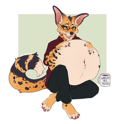 anthro belly beverage big_ears bottomwear clothed clothing coffee coffee_mug eyewear fully_inside glasses green_eyes male male_pred open_clothing open_shirt open_topwear pants rectangular_glasses same_size_vore shirt simple_background solo topwear vore knottytracker nef_(arkiel) canid canine cheetah felid feline fennec_fox fox hybrid mammal true_fox 1:1 digital_media_(artwork) hi_res
