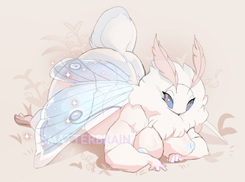 anthro big_breasts biped blue_eyes blue_nipples breasts female fur insect_wings leaf looking_at_viewer nipples solo white_body white_fur wings smatterbrain arthropod insect lepidopteran moth 2024 hi_res