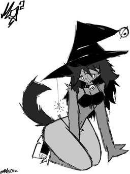 anthro bell bell_collar clothing collar eyewear female glasses hat headgear headwear magic multicolored_body solo star thick_thighs underwear wearing_glasses 3:4 hi_res monochrome