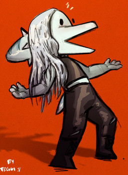 4_fingers anthro black_bottomwear black_clothing black_jeans black_pants bottomwear chibi clothing denim denim_bottomwear denim_clothing dot_eyes female fingers grey_body grey_hair grey_scales hair halter_top jeans long_hair open_mouth orange_background pants scales short_tail simple_background simple_eyes snout solo tail text teguimore cavemanon_studios goodbye_volcano_high ko_op_(game_developer) snoot_game fang_(gvh) prehistoric_species pterosaur reptile scalie 2023 artist_name digital_drawing_(artwork) digital_media_(artwork) hi_res signature