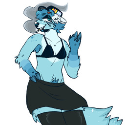 anthro antlers armpit_hair blue_body blue_eyes body_hair bottomwear breasts cigarette clothing female freckles gradient hat headgear headwear hooves horn intersex_flag legwear pubes skirt small_breasts solo thigh_highs wings fawnpawss webkinz deer hybrid mammal 1:1 hi_res trans_(lore)