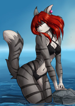 anthro bikini breasts clothing ear_piercing eyes_closed female flowing_hair fur grey_body grey_fur hair leaning_on_rock long_hair midriff multicolored_body outside partially_submerged piercing red_hair rock simple_background sky small_waist smile solo stripes swimwear two-piece_swimsuit under_boob water water_droplets wet wet_body white_body white_fur za-owl wynona_vinter domestic_cat felid feline felis mammal 2026 absurd_res digital_drawing_(artwork) digital_media_(artwork) hi_res