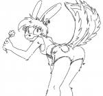 2_tails anthro bent_over bottomwear butt clothing denim denim_clothing ear_piercing female flower hair multi_tail piercing plant shorts simple_background solo tail white_background smekbo 70_seas latchkey_kingdom daisy_(70_seas) labbit yuman monochrome