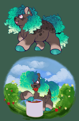 ambiguous_feral ambiguous_gender feral food fruit gradient_hair grey_body hair hooves mouth_hold open_mouth outside pink_eyes plant quadruped side_view sky smile solo standing strawberry teal_hair teal_hooves young young_ambiguous young_feral wicked-hearts fluffy_pony fluffy_pony_(species) mammal 2024 absurd_res digital_media_(artwork) english_description hi_res