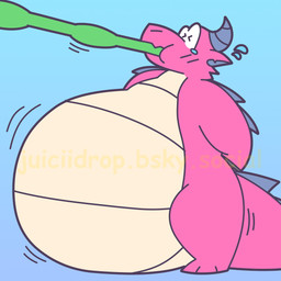 anthro arm_spikes arms_tied belly belly_expansion belly_inflation black_blush blue_background blush blush_lines bodily_fluids bound expansion eyes_closed gradient_background green_hose hands_behind_back horn hose hose_inflation inflation male motion_lines pear-shaped_figure pink_body purple_horn purple_spikes simple_background solo spiked_tail spikes spikes_(anatomy) sweat_droplets tail tan_belly tears text thick_tail wide_hips juiciidrop european_mythology mythology dragon mythological_creature mythological_scalie scalie western_dragon 1:1 2026 comic_sans digital_drawing_(artwork) digital_media_(artwork) hi_res