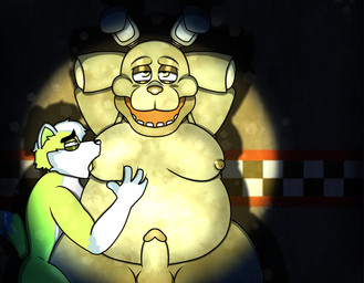 anthro belly big_belly big_breasts breasts duo genitals male male/male night overweight overweight_male penis slurping small_penis standing unky wide_hips banjokad unkyart five_nights_at_freddy's scottgames bonnie_(fnaf) hybrid lagomorph leporid mammal rabbit absurd_res hi_res