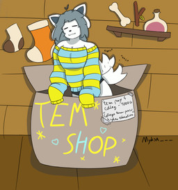 :3 anthro arched_back box cardboard cardboard_box christmas_sock clothing container ears_up eyes_closed female leaning long_sleeves panties paper solo sweater tail tail_motion tailwag text topwear underwear myksa undertale undertale_(series) temmie_(undertale) tem temmie_(species) hi_res