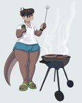 anthro barbecue barbecue_fork barbecue_grill beef beverage bottomwear clothed clothing collared_shirt cutlery energy_drink flip_flops food footwear fork fully_clothed holding_fork holding_object holding_tool kitchen_utensils male meat product_placement sandals shirt shoes shorts simple_background solo spatula steak tools topwear mr-shin i_just_wanna_grill monster_energy shin_(mr-shin) mammal mustelid otter river_otter 2022 4:5 hi_res