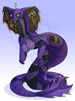 anthro apode breasts claws clothed clothing confusion female legless looking_at_viewer machine non-mammal_breasts question_mark serpentine simple_background solo standing technology topwear grumpy_griffin_creations draconcopode naga reptile robot scalie snake 2022 absurd_res digital_media_(artwork) hi_res