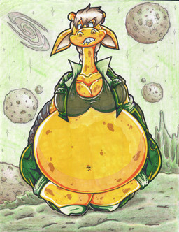 anthro belly big_belly big_breasts boots bottomwear breasts brown_eyes brown_hair clothing cybernetic_arm cybernetic_limb duo female footwear fur galaxy hair huge_belly huge_breasts jacket kneeling markings navel planet pregnant pregnant_anthro pregnant_female shoes shorts sky solo space spots spotted_body spotted_fur star starry_sky teeth thick_thighs topwear yellow_body yellow_fur virus-20 luray_giraffe giraffe giraffid mammal 2017 traditional_media_(artwork)