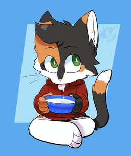 anthro bowl chibi clothed clothing container drinking_milk holding_container holding_object jacket looking_at_viewer male partially_clothed solo tongue tongue_out topwear kayptid hunter_(hhdrawer) calico_cat domestic_cat felid feline felis mammal
