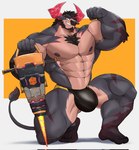 abs anthro biceps body_hair brown_hair bulge chest_hair clothing flexing fur grin hair horn jackhammer male multicolored_body multicolored_fur muscular muscular_anthro muscular_male nipples pecs power_tool scar smile solo speedo swimwear tools wolfblack43 lifewonders live_a_hero obsidius bovid bovine cattle mammal hi_res