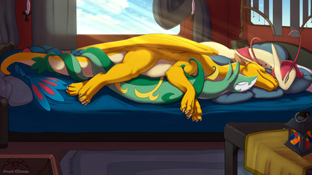 4_toes ambiguous/ambiguous ambiguous_gender antennae_(anatomy) bed bedroom blue_sky claws cuddling curtains day detailed_background entwined_tails eyes_closed feet feral furniture group horn inside lamp lantern lying membrane_(anatomy) membranous_wings on_bed pillow serpentine side_view sky sleeping tail tail_coil toe_claws toes window wings sonsasu mythology nintendo pokemon kicks_(kicks) dragon generation_3_pokemon generation_5_pokemon milotic mythological_creature mythological_scalie pokemon_(species) reptile scalie serperior 16:9 2016 digital_media_(artwork) hi_res widescreen