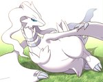 ambiguous_gender blue_eyes chest_tuft claws crotch_tuft fur grass_field lying on_side semi-anthro simple_background solo tuft white_body white_fur winged_arms wings 7nulls nintendo pokemon generation_5_pokemon legendary_pokemon pokemon_(species) reshiram 5:4 absurd_res hi_res