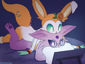 bed bedroom duo eyewear feet female feral food fruit furniture glasses head_on_head hug looking_at_object looking_down lying male on_front orange_(fruit) pawpads paws pillow plant soles tablet toes blubluumon nintendo pokemon fan_character eeveelution espeon generation_2_pokemon generation_6_pokemon pokemon_(species) sylveon 4:3 hi_res