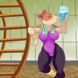 anthro areola beverage bodily_fluids breasts camel_toe clothed clothing drinking exercise eyes_closed female leg_warmers legwear nipple_outline nipples skinsuit solo sweat tight_clothing towel towel_around_neck water workout wristband lonbluewolf cricetid hamster mammal rodent 1:1 2017 hi_res