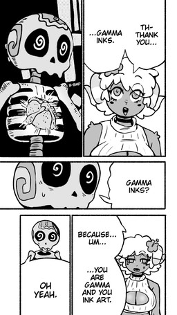 ambiguous_gender anthro bone clothed clothing dialogue female front_view hair half-closed_eyes horn narrowed_eyes skeleton text gammainks chainsaw_man flor_(gammainks) gamma_(gammainks) animated_skeleton bovid caprine mammal sheep undead 2026 comic digital_media_(artwork) english_text monochrome