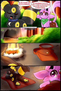 ambiguous_gender bag blue_collar campfire collar dialogue duo feet foot_fetish foot_focus green_scarf hindpaw pawpads paws scarf speech_bubble text rockii nintendo pokemon eeveelution espeon generation_2_pokemon pokemon_(species) umbreon comic english_text hi_res female_(lore) male_(lore)