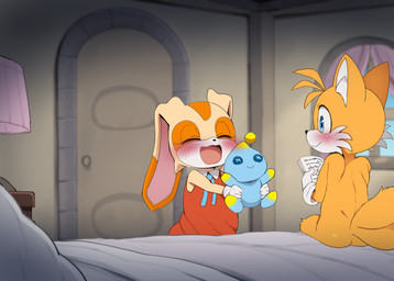 2_tails anthro bed biped blue_eyes blush blush_lines bodily_fluids butt button_(fastener) button_eyes clothing detailed_background doll duo eyelashes eyes_closed female fur furniture gloves handwear holding_doll holding_object male multi_tail multicolored_tail on_bed open_mouth open_smile orange_body orange_fur orange_tail pupils sitting sitting_on_bed smile standing sweat tail tan_body tan_fur tongue white_clothing white_gloves white_handwear white_tail young young_anthro young_female young_male dagasi sega sonic_the_hedgehog_(series) cream_the_rabbit miles_prower canid canine fox lagomorph leporid mammal rabbit 2025 hi_res