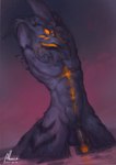 abs anthro beak black_penis flaccid forehead_eye foreskin genitals glowing glowing_eyes glowing_genitalia glowing_mouth glowing_penis hands_above_head hands_behind_head holding_arm humanoid_genitalia humanoid_penis looking_at_viewer looking_down looking_down_at_viewer male markings multi_eye muscular nude partially_submerged pecs penis pose sky smug_expression solo standing standing_in_water water alkuuda alkuuda_(character) alkuuda_(demonform) avian bird demon owl 2025 dated hi_res signature