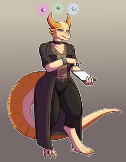 anthro belt belt_buckle bottomwear buckle claws clipboard clock clothed clothing collar collared_shirt dress_shirt horn ioun_stones jacket loose_feather magic magic_user male pants quill shirt simple_background solo tail topwear watch mara_the_ravenous kobold scalie absurd_res hi_res