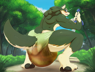anthro anthrofied big_diaper blush bodily_fluids chain_jewelry clothed clothing crouching day detailed_background diaper diaper_only ear_piercing feces forest genital_fluids green_body green_hair hair looking_back master_sword melee_weapon open_mouth outside piercing plant print_diaper rear_view sagging_diaper soiled soiled_diaper soiling solo struggling surprised sword topless tree unclean_diaper urine used_diaper weapon wearing_diaper wet_diaper steelshark nintendo the_legend_of_zelda link_(wolf_form) hi_res