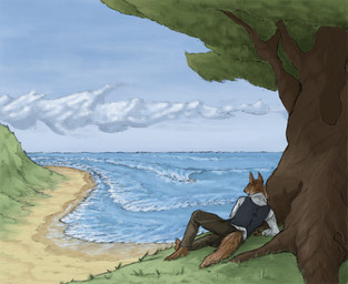 ambiguous_gender anthro barefoot biped blue_clothing blue_topwear blue_vest bottomwear brown_body brown_bottomwear brown_clothing brown_fur brown_pants clothed clothed_anthro clothing cloud cloudy_sky day feet fully_clothed fully_clothed_anthro fur glass lying on_side outside pants plant plantigrade rear_view sand shirt shoreline sky solo tail topwear tree vest water wave white_clothing white_shirt white_topwear deriaz mammal 2013 signature