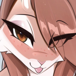 ambiguous_gender anthro antlers brown_body brown_eyes brown_fur brown_hair fur hair horn one_eye_obstructed solo tongue tongue_out conditional_dnp prsmrti erin_(erinlopie) hare jackalope lagomorph leporid mammal 1:1