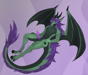 anthro athletic athletic_male bedroom_eyes claws genitals green_body hair horn knot knotted_penis male muscular narrowed_eyes penis purple_hair seductive slit_penis solo tail tail_tuft teeth teeth_showing tuft wings hexxhorn mythology mofey dragon mythological_creature mythological_scalie reptile scalie absurd_res hi_res