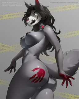 anthro areola big_breasts big_butt black_body black_fur black_hair blood bodily_fluids bone breasts butt collar eyebrows female fur genitals glistening glistening_breasts glistening_butt hair hand_print hand_print_on_butt innie_vulva nipples nude open_mouth skull skull_head solo vulva skiba613 scp_foundation scp-1471-a canid canine canis malo mammal 2026 hi_res