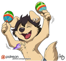 anthro arm_tuft black_hair black_nose chest_tuft clothed clothing elbow_tuft eyes_closed fangs floppy_ears front_view fur glistening glistening_nose hair happy jewelry logo male messy_hair necklace open_mouth open_smile patreon_logo rattle red_tongue short_hair simple_background smile solo tail tan_body tan_fur tan_tail teeth tongue topless tuft white_background young young_anthro young_male pandapaco patreon canid canine canis domestic_dog mammal artist_logo half-length_portrait portrait signature