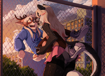 5_fingers against_fence against_surface anthro anthro_on_anthro antlers assertive_female bangs biped blush blush_lines bottomwear breasts building carrying_another carrying_partner chain-link_fence claws closed_smile clothed clothed_anthro clothed_female clothed_male clothing cloud dominant drawstring drawstring_clothing drawstring_hoodie drawstring_topwear duo eye_contact eyebrow_through_hair eyebrows fangs feet female female_anthro fence fingers flustered footwear hair hair_between_eyes hand_on_another's_butt hand_on_butt highlights_(coloring) hoodie horn humanoid_hands larger_female light long_hair long_tail looking_at_another looking_at_partner male male/female male_anthro mouth_closed narrowed_eyes open_mouth outside paw_shoes plant plantigrade shoes short_tail size_difference skimpy skirt smaller_male smile smiling_at_another smiling_at_partner tail teeth toe_claws toeless_footwear toeless_shoes toes topwear translucent translucent_hair wide_eyed hakkids2 aster_faye felid feline jackalope lagomorph mammal absurd_res hi_res lighting