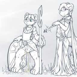 ambiguous_gender anthro bodily_fluids bottomwear clothing duo genital_fluids grass holding_melee_weapon holding_object holding_weapon incontinence jewelry leaking leaking_urine loincloth magic_user magic_wand melee_weapon paws plant plantigrade robe shield smile tail toga urine urine_drip urine_on_ground urine_on_leg walking weapon wetting young young_anthro addickted felid feline mammal