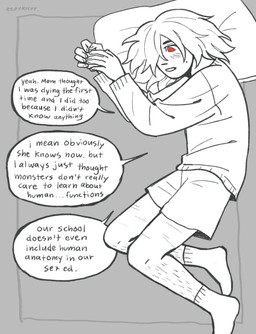 ambiguous_gender ambiguous_human bed blush blush_lines clothed clothed_ambiguous clothed_human clothing dialogue ellipsis furniture grey_background human_only lying not_furry on_bed on_side pillow red_eyes simple_background solo speech_bubble talking_to_another text eepykeepy deltarune undertale_(series) kris_dreemurr human mammal 2025 digital_drawing_(artwork) digital_media_(artwork) english_text hi_res monochrome signature
