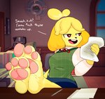 3_toes 3d_background 5_fingers anthro barefoot blonde_hair breasts clothed clothing cocky cocky_smile crossed_feet desk detailed_background dialogue feet feet_on_desk feet_up female fingers foot_focus foot_on_table fur furniture hair heart_eyes heart_symbol humanoid_feet open_mouth open_smile pawpads pink_pawpads plantigrade profanity sitting smile soles solo table text toes wrinkled_feet wrinkles yellow_body yellow_fur idel animal_crossing nintendo isabelle_(animal_crossing) canid canine canis domestic_dog mammal shih_tzu toy_dog 2023 digital_media_(artwork) english_text hi_res