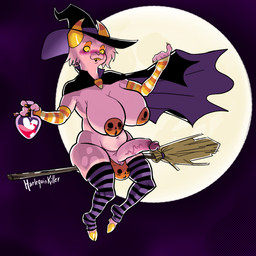 anthro arm_warmers armwear big_breasts big_butt big_penis blush breast_expansion breasts butt butt_expansion clothed clothing expansion footwear genital_expansion genitals gynomorph hat headgear headwear horn intersex legwear obscured_genitals pasties pattern_arm_warmers pattern_armwear pattern_clothing pattern_footwear pattern_legwear pattern_socks penis penis_expansion sharp_teeth socks solo striped_arm_warmers striped_armwear striped_clothing striped_footwear striped_socks stripes surprised teeth thong topless underwear witch_costume witch_hat harlequinkiller vikkie_(harlequinkiller) bovid caprine caprine_demon demon domestic_cat felid feline felis goat goat_demon hybrid mammal 1:1 absurd_res hi_res