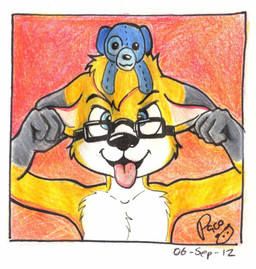 anthro blonde_hair blue_eyes chest_tuft eyewear front_view fur glasses hair logo looking_at_viewer male male_anthro narrowed_eyes nude open_mouth plushie rectangular_glasses short_hair solo tongue tongue_out tuft white_body white_fur yellow_body yellow_fur pandapaco tj_weaselton canid canine fox mammal 2012 artist_logo bust_portrait dated portrait signature