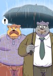 anthro belly big_belly bottomwear brown_body clothing duo exclamation_point facial_hair grey_body kemono male mature_male moobs mustache necktie outside overweight overweight_male pants raining shirt topwear umbrella wet wet_clothing wet_shirt wet_topwear bullbluedog canid canine canis domestic_dog mammal 2024 absurd_res hi_res