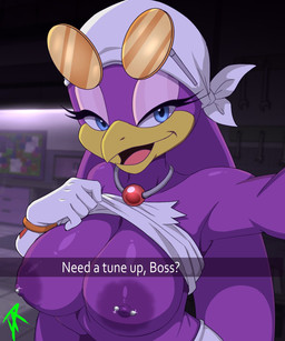 anthro areola beak blue_eyes breasts clothed clothed_anthro clothed_female clothing clothing_lift eyelashes eyewear eyewear_on_head female female_anthro gloves handwear looking_at_viewer nipple_piercing nipples non-mammal_breasts open_beak open_mouth piercing purple_body shirt shirt_lift solo sunglasses sunglasses_on_head text tongue topwear yellow_beak dalley-the-alpha sega sonic_riders sonic_the_hedgehog_(series) wave_the_swallow avian bird hirundinid oscine passerine swallow_(bird) 2025 5:6 english_text hi_res