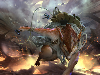 adventurer backpack bottomwear charging cliff clothed clothing digitigrade fog front_view group hammer humanoid_pointy_ears lava loincloth pointy_ears rope running solo_focus tools topless johannes_voss hasbro magic:_the_gathering wizards_of_the_coast goblin humanoid scalie official_art