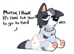 anthro clean_diaper clothed clothing diaper diaper_only female fur hair simple_background solo tail text topless wearing_diaper young fructoruu bluey_(series) muffin_heeler australian_cattle_dog canid canine canis cattledog domestic_dog herding_dog mammal pastoral_dog digital_media_(artwork) english_text hi_res