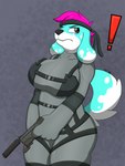 anthro big_breasts blue_body blue_fur breasts exclamation_point female fur gun hair kerchief looking_away markings pink_hair ranged_weapon silencer sneaking_suit solo spots spotted_markings tail weapon wide_hips sudsypup metal_gear_(series) bubbles_(sudsypup) canid canine canis domestic_dog mammal absurd_res hi_res