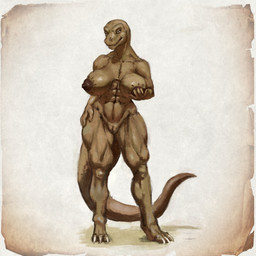 3_toes 5_fingers abs anthro areola big_areola big_breasts big_nipples breasts brown_areola brown_body brown_eyes brown_nipples claws dark_areola dark_nipples feet female fingers front_view genitals glistening glistening_body glistening_eyes hand_on_hip holding_breast humanoid_genitalia humanoid_vulva innie_vulva long_tail looking_at_viewer mouth_closed muscular muscular_anthro muscular_female muscular_thighs navel nipples non-mammal_breasts non-mammal_navel non-mammal_nipples nude simple_background smile smiling_at_viewer smirk solo standing tail thick_neck toe_claws toes unsigned vulva white_claws wide_hips upai scalie 1:1 2021 full-length_portrait hi_res portrait