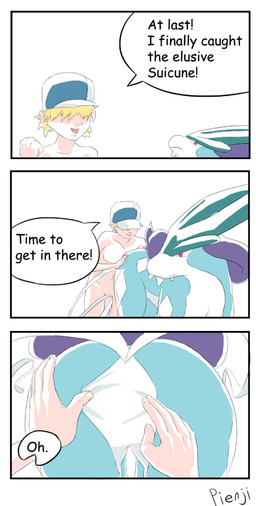 ambiguous_gender bestiality butt clothing dialogue duo featureless_crotch feral flaccid gender_confusion genitals hat headgear headwear humor interspecies looking_back male nude null penis pokephilia red_eyes simple_background spread_butt spreading text the_truth white_background pienji nintendo pokemon generation_2_pokemon human legendary_pokemon mammal pokemon_(species) suicune comic english_text meme