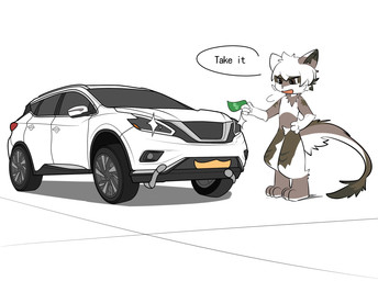 ambiguous_gender anthro bodily_fluids brown_body brown_fur car dialogue duo feral fur hair holding_money holding_object kemono machine male male_anthro money open_mouth open_smile simple_background smile speech_bubble talking_to_another tears vehicle wheel white_background white_hair eibvdy canid canine living_car living_machine living_vehicle mammal 2024 hi_res